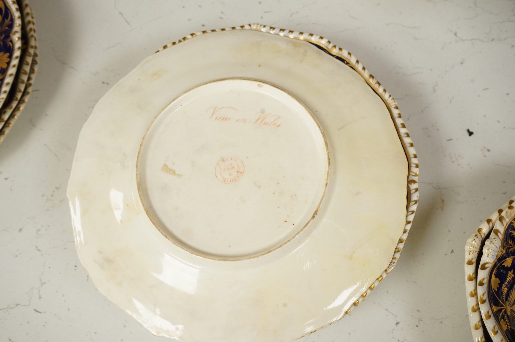 A Bloor Derby titled view part dessert service, c.1820 to include View on the Wye and View in Yorkshire, largest 29cm wide (16)